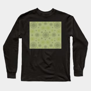 Gently on the Green. A tranquil design featuring wagon wheels in soft olive and mossy green tones. Long Sleeve T-Shirt